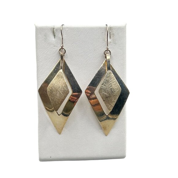 Sterling Silver Diamond Shaped Dangles Earrings Pierced Drops 925 Textured - Picture 1 of 6